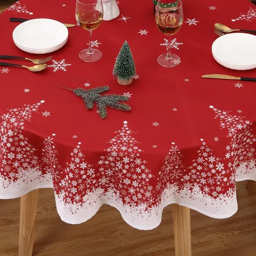 Miniatura 5 de ROYGROW Mantel Redondo de 60 Pulgadas para Navidad con Copo de Nieve y Árbol de Navidad Impreso, Fundas Decorativas Lavables para Cenas de Fiestas