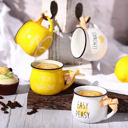 Miniatura 5 de Patelai Juego de 4 Tazas de Limón Mini Tazas de Café 5 oz Tazas de Espresso con Asa Bandeja en Capas de Limón Decoración para Barra de Café Regalo