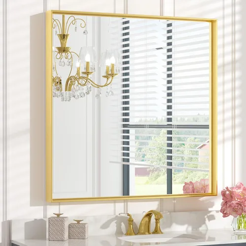 Keonjinn Espejo de baño dorado cepillado de 36 x 36 pulgadas, espejo cuadrado de pared dorado con marco de metal, espejo rectangular para baño,