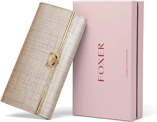 Miniatura 4 de FOXER Carteras de cuero para mujer, cartera triple para tarjetas, carteras grandes, 01 Dorado, Casual