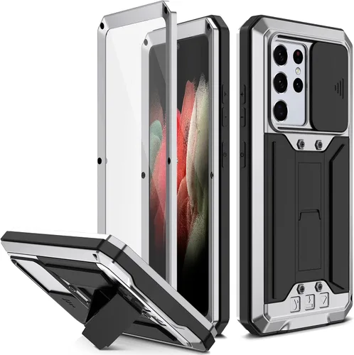 Miniatura 10 de Compatible con Samsung Galaxy S21 Ultra 5G, aluminio metal Gorilla Glass a prueba de golpes militar resistente funda protectora rígida