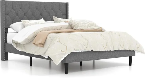 Miniatura 9 de Giantex Base de cama tapizada de tela de lino de tamaño matrimonial, marco de cama moderno con cabecera capitoné con botones, base de colchón