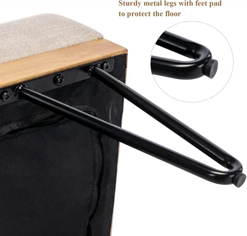 Miniatura 6 de DUOMAY Banco otomano rectangular de lino moderno industrial con correa de poliuretano y patas de metal, mesa de comedor de mediados de siglo, Beige
