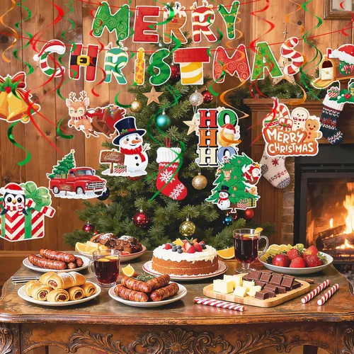 Miniatura 4 de Juego de decoración navideña: pancarta y remolinos colgantes, para el hogar, oficina, aula, decoración de fiesta de Navidad en interiores