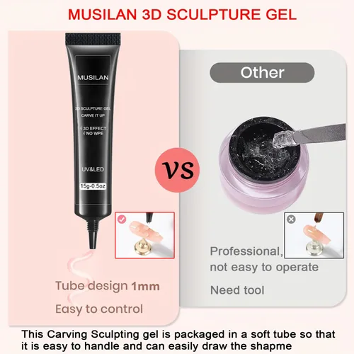 Miniatura 6 de MUSILAN Gel para esculpir uñas 3D con limas de cristal de cristal, gel constructor transparente para uñas, moldeo para esculpir esmalte de uñas