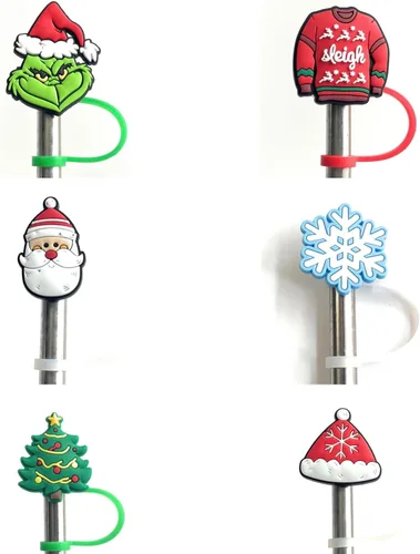 Paquete de 6 Adornos Divertidos de Navidad para Pajitas de 8mm con Trineo, Árbol, Copo de Nieve y Papá Noel (Paquete de Navidad)