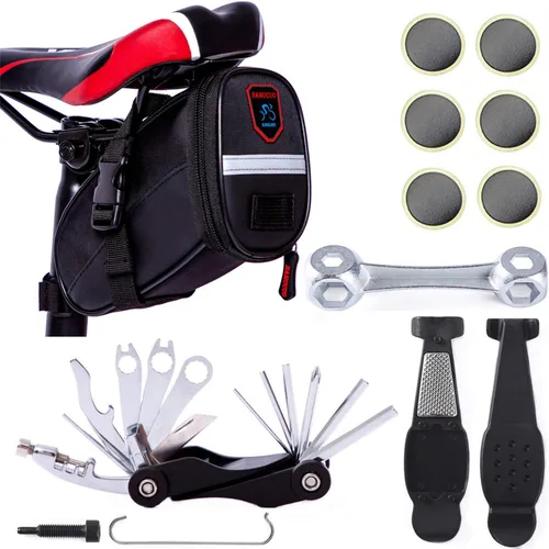 Miniatura 10 de YBEKI Kit de reparación de bicicleta 10 en 1 con palancas de neumáticos 3 en 1, parches sin pegamento, llave de hueso multifuncional y bolsa de Kits