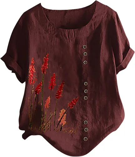 Miniatura 4 de Ceboyel Camisas de lino de algodón para mujer, blusas con estampado de diente de león, blusas de manga corta, estilo bohemio, ajuste holgado, ropa