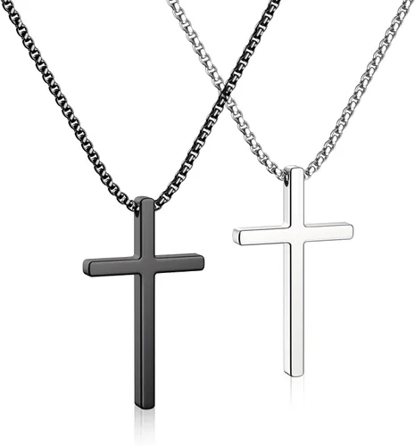 2 collares de cruz para hombres, plata y negro para hombre, collar con colgante de cruz de acero inoxidable para hombres, regalos de joyería para