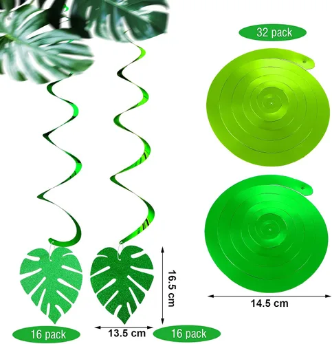 Miniatura 2 de Ireer 64 piezas hawaianas Luau para fiesta, hojas de palmera, remolinos, colgantes, hojas con purpurina, hojas verdes, tropicales, safari, selva