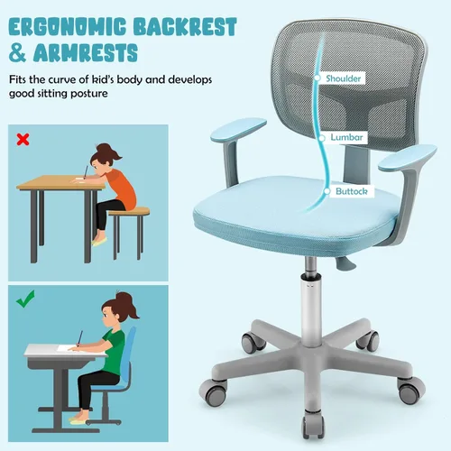 Miniatura 6 de HONEY JOY Silla de escritorio para niños, silla de estudio para niños de altura ajustable, silla giratoria de malla para estudiantes, ruedas Azul