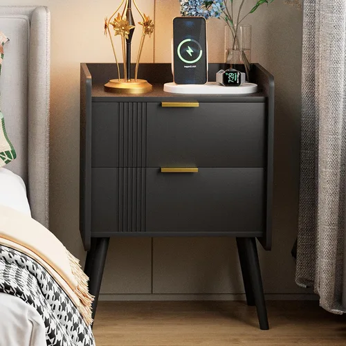 Miniatura 12 de Aenuert Mesita de noche moderna con cajón de almacenamiento y estante abierto, soporte de noche pequeño, mesa auxiliar de sofá de madera para Negro
