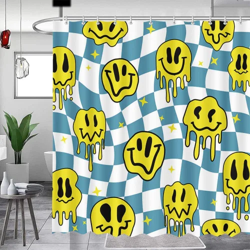 Miniatura 12 de MEHOFOND Cortina de ducha a cuadros negros y blancos, divertidas cortinas de ducha con cara sonriente para decoración de baño, cortinas de ducha