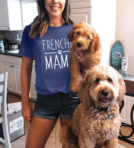 Miniatura 24 de Camiseta de manga corta con texto en inglés «Frenchie Mama», con estampado de letras para mujer, estilo casual