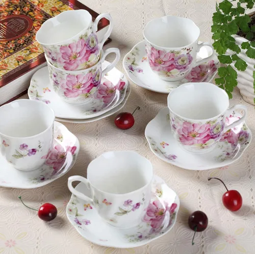 Miniatura 2 de GuangYang Juego de 6 tazas de té y platillos de porcelana de 7 onzas, diseño floral rosa, elegante juego de regalo para amantes del té, café