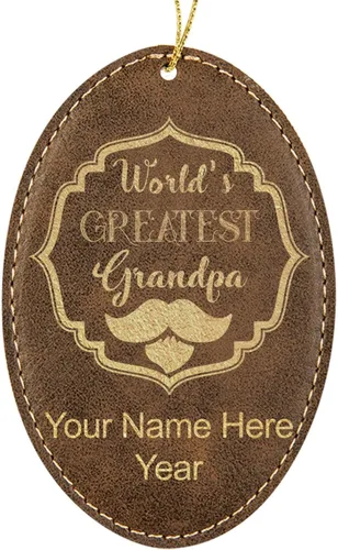 LaserGram Personalized Christmas Ornament, World's Greatest Grandpa, Faux Leather, Custom Laser Engraved Gift Idea (Oval Shape, Rustic)
