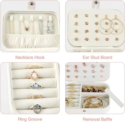 Miniatura 5 de XYMAO Joyeros portátiles de piel sintética para mujeres y niñas, organizador de joyas de viaje para collares, anillos y aretes (blanco brillante)