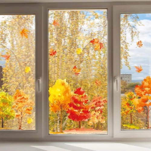 Miniatura 6 de KALEFO 38 calcomanías para ventana de otoño, Acción de Gracias, otoño, árbol, hojas de arce amarillas, calcomanías para ventana, calcomanías