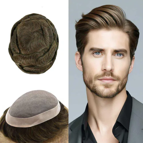 Miniatura 34 de Tupé para hombre, pieza de cabello humano real, monofilamento, tupé para hombres, postizos, unidades de sistema de reemplazo de cabello, gris
