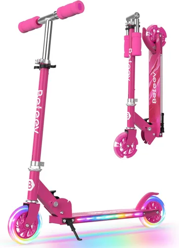Miniatura 10 de BELEEV V1 Patinetas para niños, patineta plegable de 2 ruedas para niños y niñas, 3 alturas ajustables, ruedas iluminadas, patineta ligera con Rosa