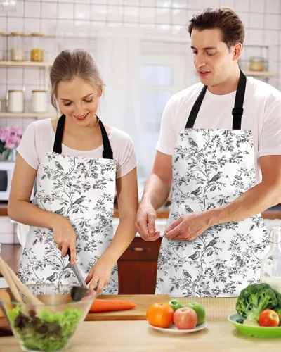 Miniatura 2 de Delantales de pájaros de flores para mujeres y hombres con bolsillos, diseño retro de ramas de árbol blanco y negro, floral, ajustable, impermeable
