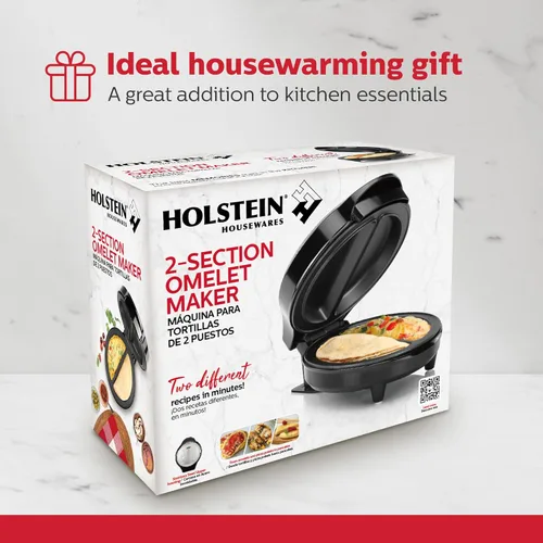 Miniatura 8 de Holstein Housewares Máquina de omelete y frittata de 2 secciones de acero inoxidable, revestimiento antiadherente, fácil de limpiar, luces Negro