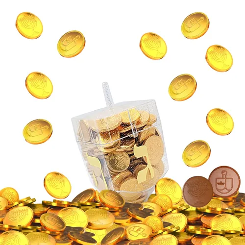 Miniatura 3 de The Dreidel Company Paquete de 6 Dreidel rellenos de monedas de gel de chocolate de Hanukkah, gelt de leche de Janucá, con menorá y diseño Dreidel