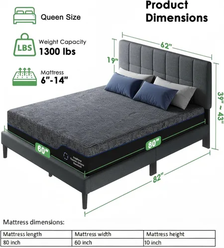 Miniatura 2 de Marsail Juego de base de cama y colchón tamaño Queen con cabecera tapizada ajustable y colchón de espuma viscoelástica de 10 pulgadas, resistente