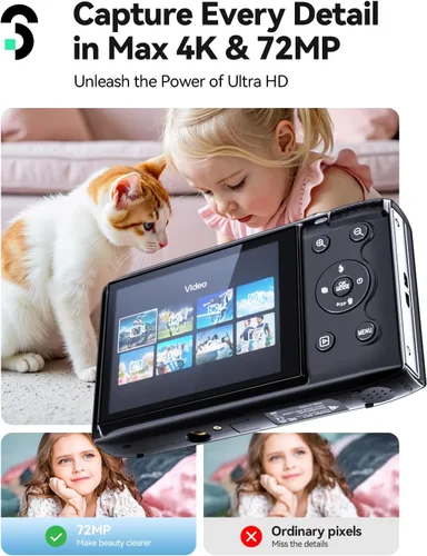 Miniatura 2 de SOOMFON Cámara digital – Máx. 72MP y 4K apunta y disparar cámaras para niños con zoom de 16X, tarjeta TF de 32 G, 2 baterías y lector de tarjetas