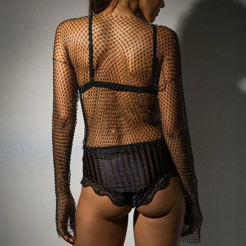 Miniatura 8 de Fstrend Cadena de malla de cristal con diamantes de imitación, parte superior corta negra, manga larga, bikini transparente, A