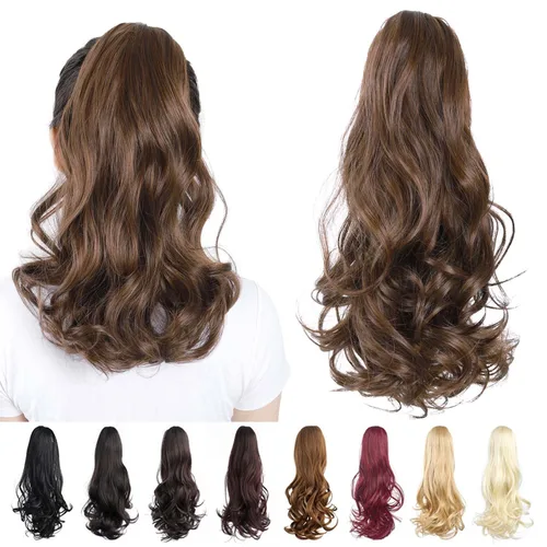 Miniatura 41 de Extensiones de cola de caballo, extensiones de cabello rizado con clip de garra de color marrón oscuro para mujer, peluca sintética de cola