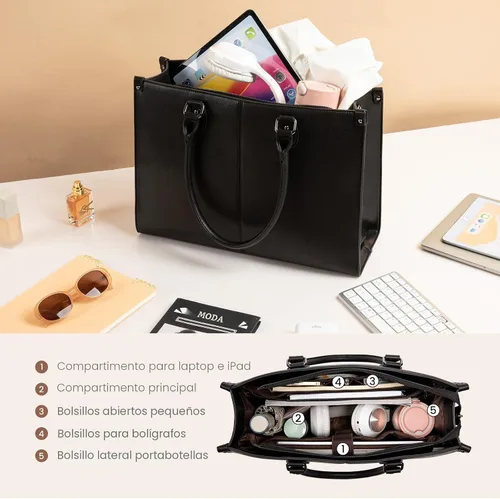 Miniatura 4 de LOVEVOOK Bolsa de mano para laptop para mujer, 15.6 pulgadas, de gran capacidad, de cuero vintage, impermeable, con bolso de mano, regalo ideal