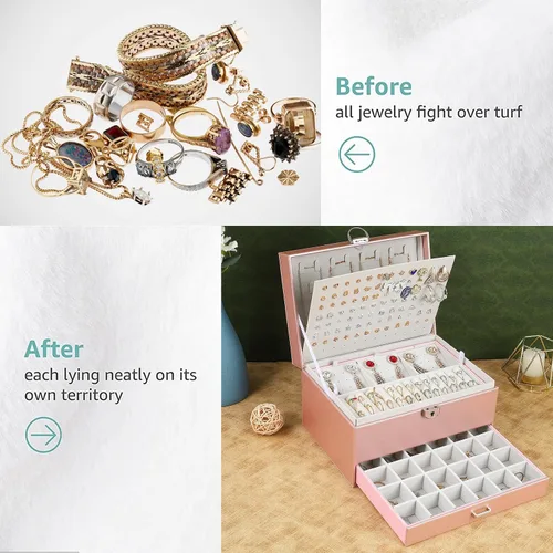 Miniatura 6 de BOOVO Joyero de pendientes para mujeres y niñas, organizador de joyas de 5 capas con candado, organizador de aretes, collar y anillos, caja