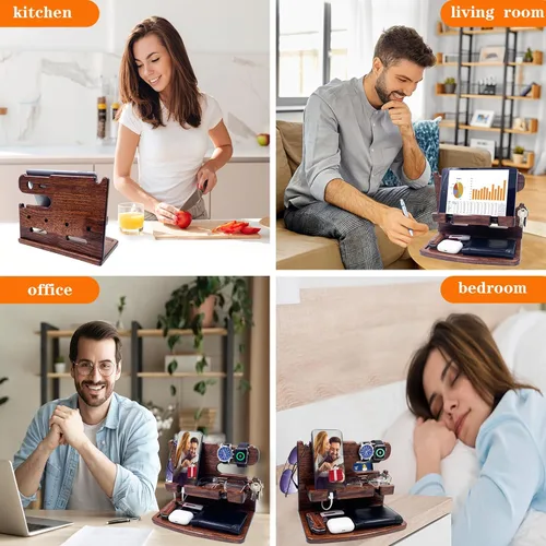 Miniatura 2 de VEIYAILU Regalos para hombres, mujeres, papá, esposo, novio, estación de acoplamiento de teléfono de madera, organizador de mesita de noche