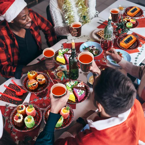 Miniatura 6 de Sieral 560 piezas de suministros de fiesta negros y rojos para 80 invitados, juego de vajilla desechable con platos de papel negro y rojo