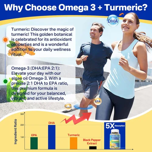 Miniatura 4 de Gomitas omega-3 + cúrcuma, alternativa de aceite de pescado Omega 3 para adultos, algas DHA de 600 mg y EPA 300 mg, vitaminas A, C, E, zinc y MSM