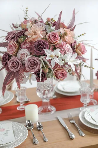 Miniatura 6 de YYHUAWU Flores Artificiales Juego de Caja Combo Color Degradado Flor Hoja con Tallos para DIY Ramos de Boda Centros de Mesa Baby Shower Fiesta Malva