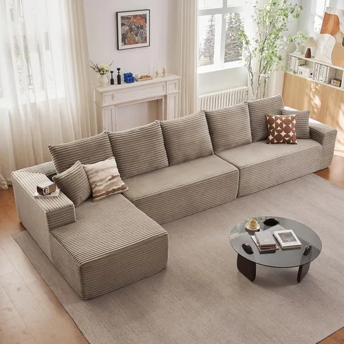 Miniatura 35 de Sofá seccional modular de 96", sofá en forma de L tipo nube sin estructura con chaise lounge, tapizado de pana con asiento profundo de espuma Negro