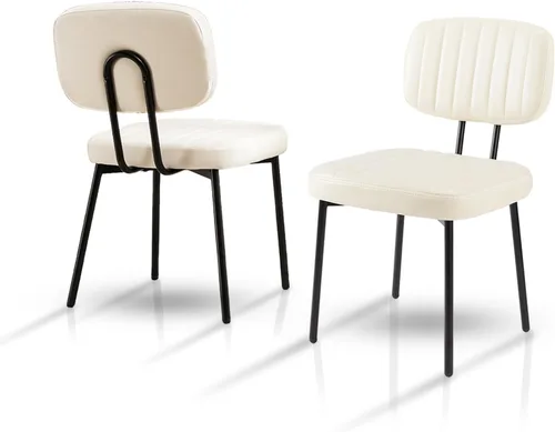 Juego de 2 sillas de comedor, modernas de mediados de siglo con tapizado de cuero, silla decorativa color crema para comedor, cocina y sala de estar