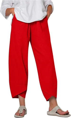 Miniatura 31 de Pantalones Capri de Lino de Algodón para Mujer 2025, Pantalones Palazzo Recortados Casuales con Estampado, Cintura Elástica, Pantalones Holgados