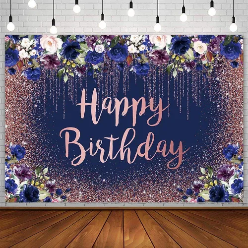 Sendy Telón de fondo de cumpleaños de 8 x 6 pies de color oro rosa y azul marino para niñas y mujeres, fondo de fotografía de feliz cumpleaños,