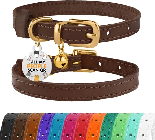 Miniatura 40 de BRONZEDOG Collar de cuero para gato con campanas extraíbles sin liberación rápida, etiqueta QR para gatito para niña y niño