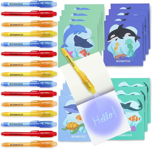 BONNYCO Paquete de 16 bolígrafos de tinta invisible y cuadernos, recuerdos de fiesta bajo el mar. Recuerdos de fiesta oceánica para niños, rellenos