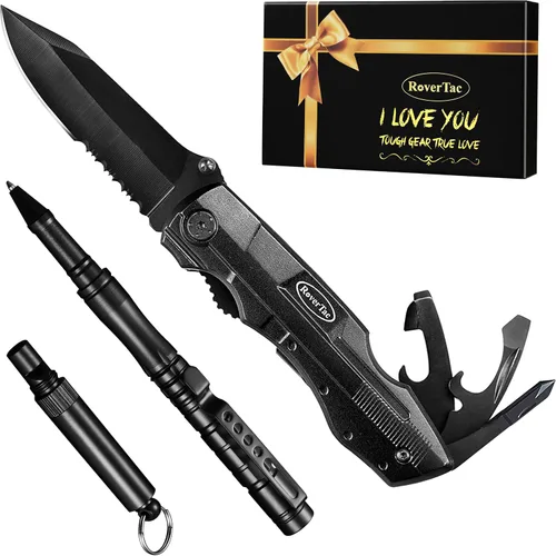 Miniatura 8 de RoverTac Juego de herramientas multiherramienta para regalo de papá, cuchillo multiherramienta 15 en 1, bolígrafo táctico, silbato en una caja