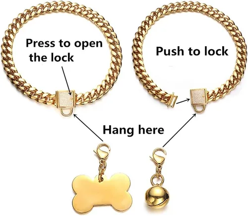 Miniatura 3 de Collar plateado para perro, collar de cadena de eslabones cubanos con hebilla de circonita, etiqueta de identificación y campana, a prueba
