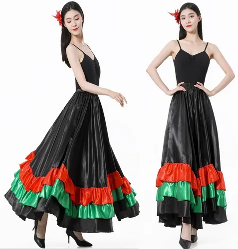 Miniatura 5 de Falda larga de baile para adultos, color negro, rojo, verde, falda folklórica para disfraz de Halloween flamenco mexicano