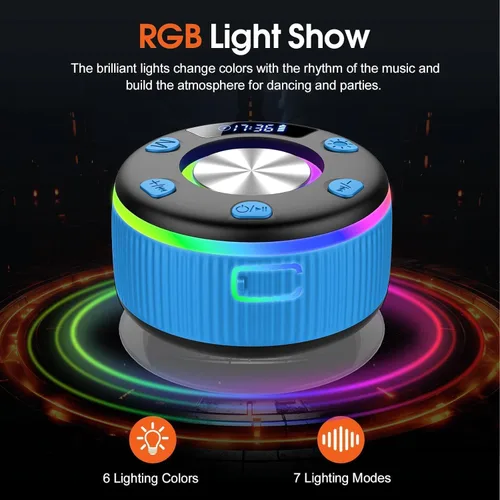 Miniatura 3 de Altavoz de ducha Bluetooth, IP7 impermeable, portátil, Bluetooth 5.3 con ventosa, mini altavoz inalámbrico con luces RGB, pantalla de tiempo, sonido