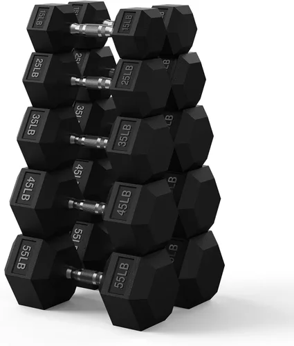 Miniatura 11 de PAPABABE Juego de mancuernas hexagonales de 45 a 550 libras, mancuernas de gimnasio en casa con revestimiento de goma, mancuernas para mujeres