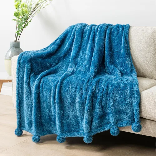 Miniatura 16 de PAVILIA Manta de sherpa negra para sofá, cálida manta de felpa con pompones, manta mullida para sofá, ligera, suave y acogedora con pompones, 50 x