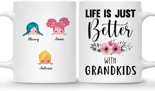 Miniatura 13 de Gossby Taza personalizada Life is Better With GrandKIDS (1 niño), taza personalizada de regalo para abuelos con avatares de nietos, nombres, 11
